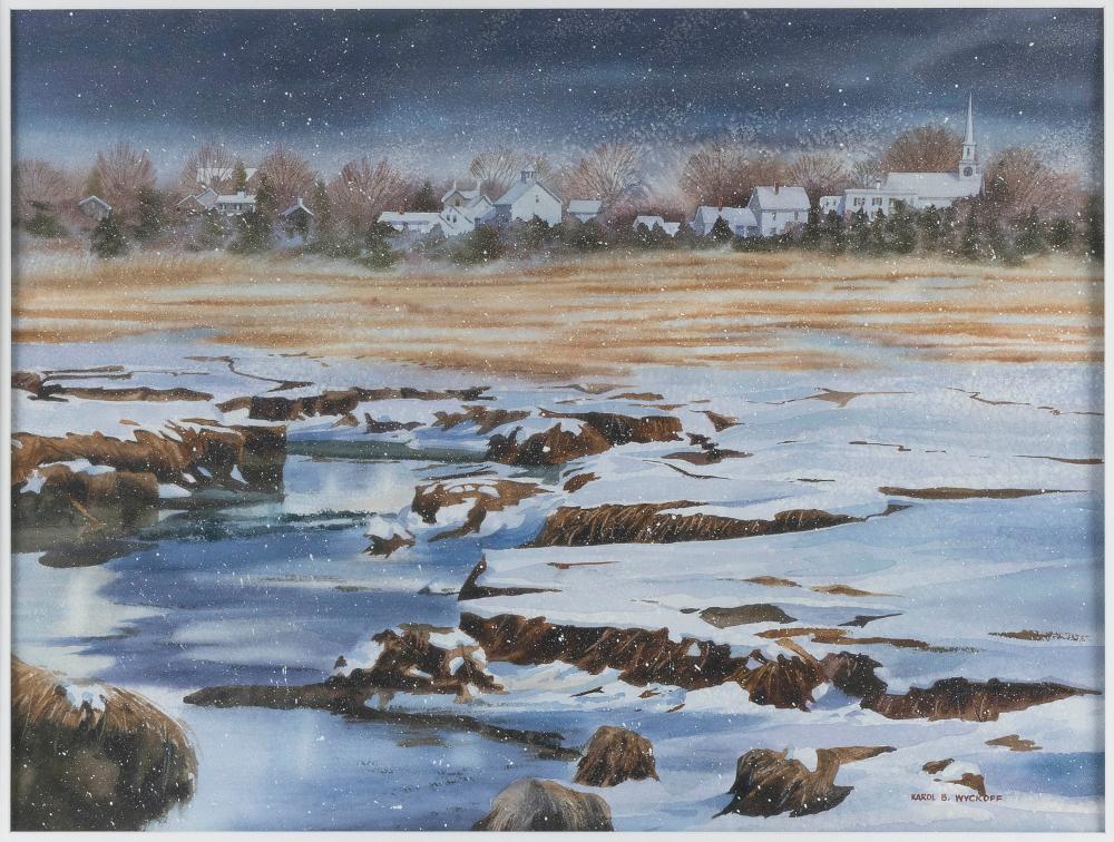 karol b wyckoff massachusetts 20th 21st century cape cod village from across a snowy marsh watercolor on paper 20 5 x 27 sight framed 33 x 39 · Eldred's · 2025-10-23 Karol B. Wyckoff comparable auction result: karol b wyckoff massachusetts 20th 21st century cape cod village from across a snowy marsh watercolor on paper 20 5 x 27 sight framed 33 x 39