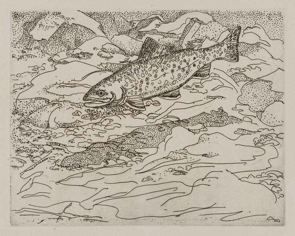 neil gavin welliver maine 1929 2005 swimming brook trout 1973 etching 8 x 9 75 unframed · Eldred's · 2025-10-23 Neil Gavin Welliver comparable auction result: neil gavin welliver maine 1929 2005 swimming brook trout 1973 etching 8 x 9 75 unframed