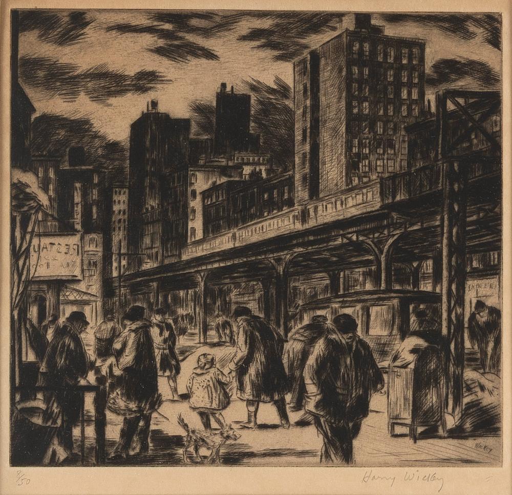 Harry Herman Wickey comparable auction result: harry herman wickey new york ohio 1892 1968 ninth avenue new york city circa 1926 etching with drypoint 9 x 9 5 framed 18 5 x 19 5