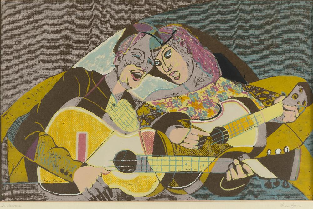 lena gurr new york 1897 1992 troubadours color screenprint on black wove paper 12 x 18 5 framed 18 25 x 25 · Eldred's · 2025-10-23 Lena Gurr comparable auction result: lena gurr new york 1897 1992 troubadours color screenprint on black wove paper 12 x 18 5 framed 18 25 x 25