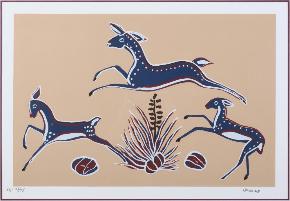 Narciso Platero Abeyta comparable auction result: narciso platero abeyta ha so de din 1918 1998 leaping deer serigraph sight 15 1 4 x 22 1 4 in 38 7 x 56 5 cm framed 23 x 30 in 58 4 x 76 2 cm