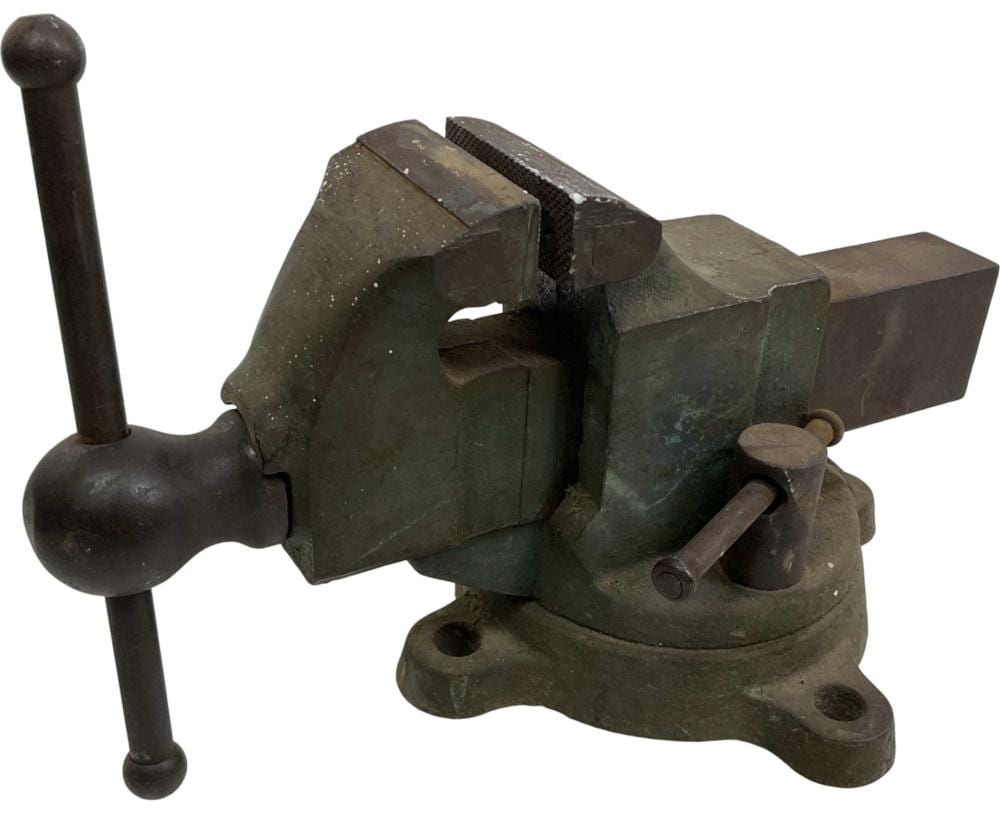 Green metal bench vise with screw handle and jaws, shown close-up against a white background.