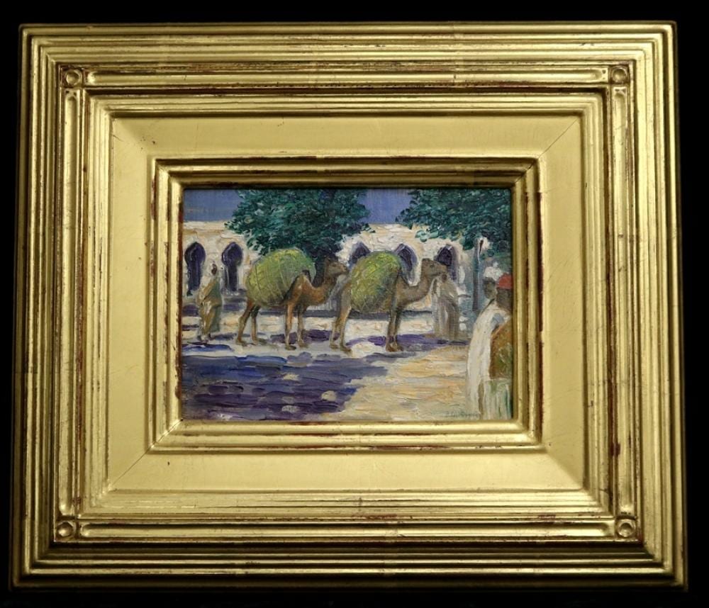 Albert Melville Graves comparable auction result: albert melville graves american 1862 1950 camels with loads of alfalfa in the market souk el jomaa tripoli oil on board signed