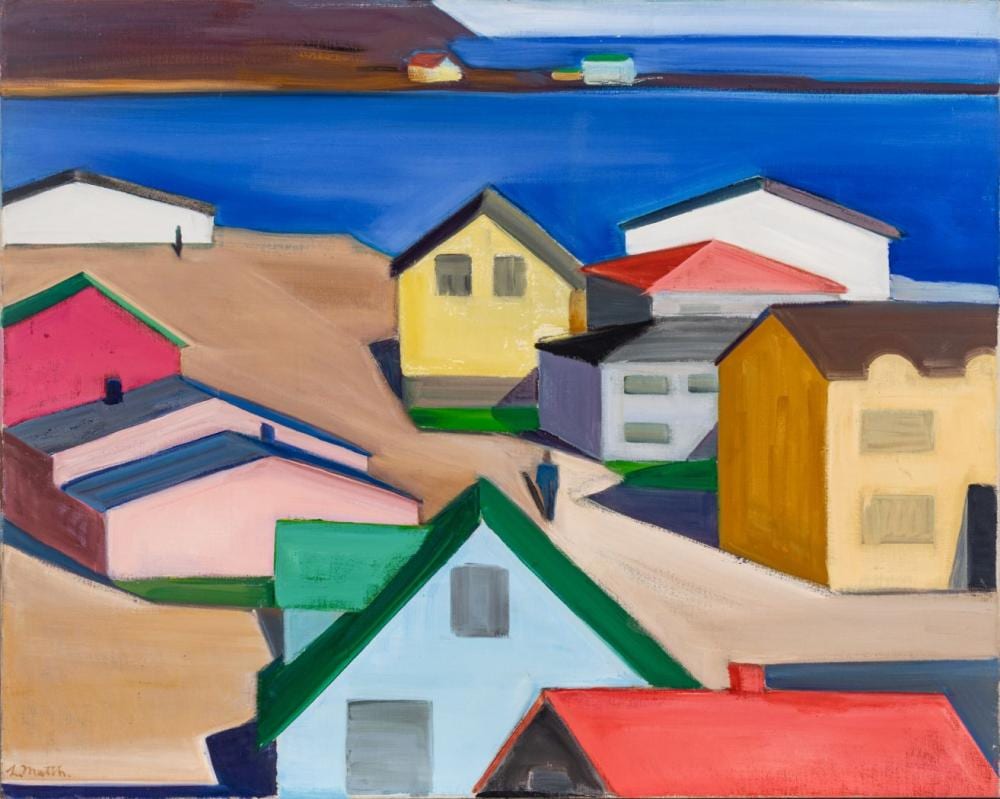 Louisa Matthiasdottir comparable auction result: louisa matthiasdottir icelandic american 1917 2000 oil on canvas icelandic village h 32 w 40 frame size h 36 w 44