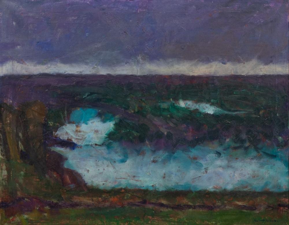Samuel Joensen-Mikines comparable auction result: samuel joensen mikines danish 1906 1979 oil on canvas abstract riverscape h 35 5 w 45 5 frame size h 43 w 53