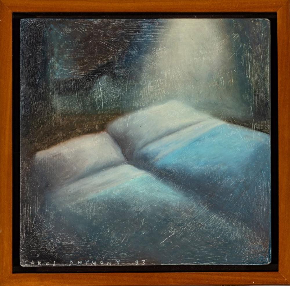 Carol Anthony comparable auction result: carol anthony american b 1943 oil pastel on gessoed masonite 1993 manager room twin blue beds with horse h 9 4 w 9 4 frame size h 11 w 11