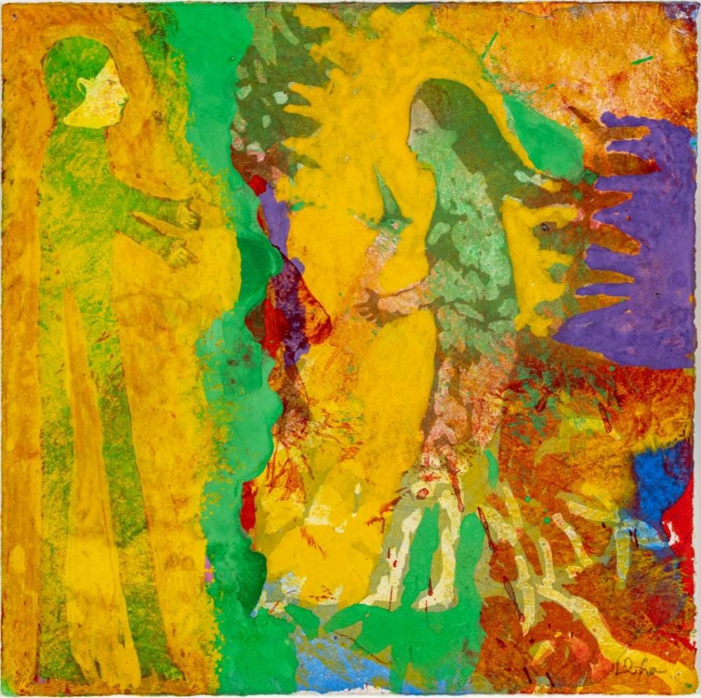 DeLoss McGraw comparable auction result: deloss mcgraw american b 1945 gouache on paper searching for seven romances searching for a unicorn series h 9 25 w 9 25 frame size h 13 w 13