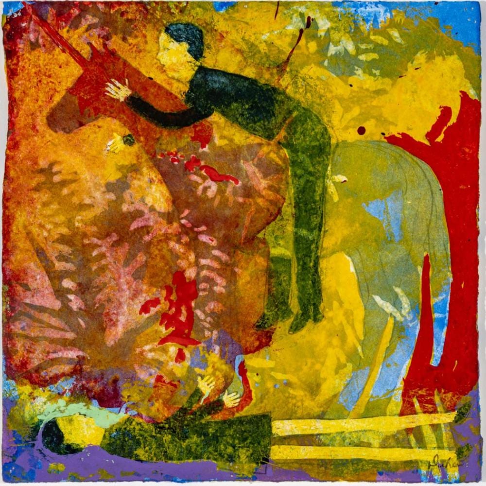 DeLoss McGraw comparable auction result: deloss mcgraw american b 1945 gouache on paper searching for a sonata searching for a unicorn series h 9 25 w 9 25 frame size h 13 w 13