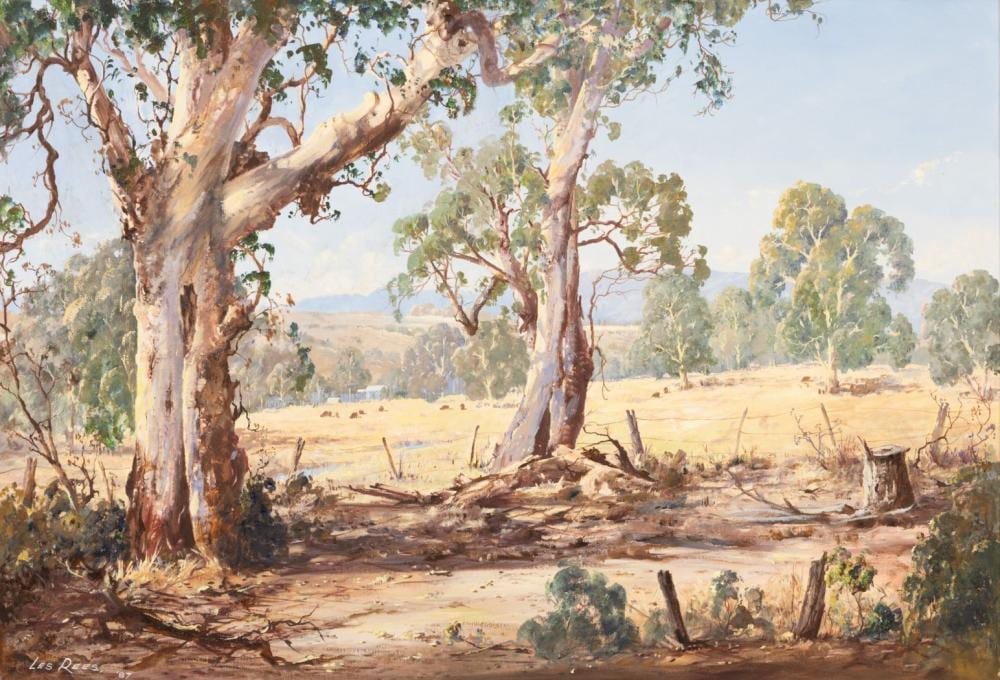 Les Rees comparable auction result: les rees australian 1914 2001 oil on canvas 1987 late summer s ochre milawa north east victoria h 27 w 39 5 frame size h 37 w 49