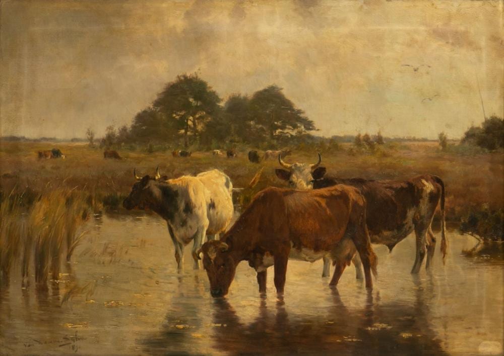 emile van damme sylva belgian 1853 1935 oil on canvas 1891 cows watering in a stream h 18 25 w 26 frame size h 28 5 w 36 · DuMouchelles · 2025-10-17 Emile van Damme-Sylva comparable auction result: emile van damme sylva belgian 1853 1935 oil on canvas 1891 cows watering in a stream h 18 25 w 26 frame size h 28 5 w 36