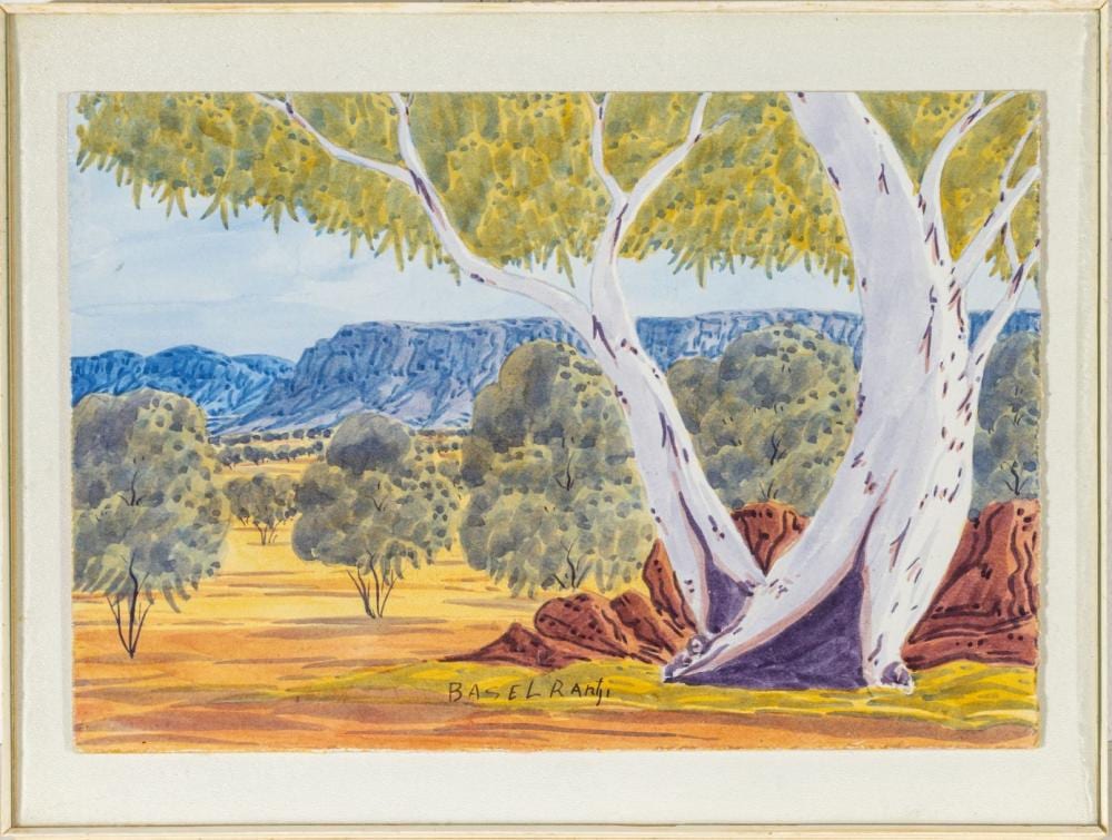 Basel Rantji comparable auction result: basil rantji australian 1936 1999 watercolor on artist board ghost gum at the macdonnell ranges central australia h 7 125 w 10 75