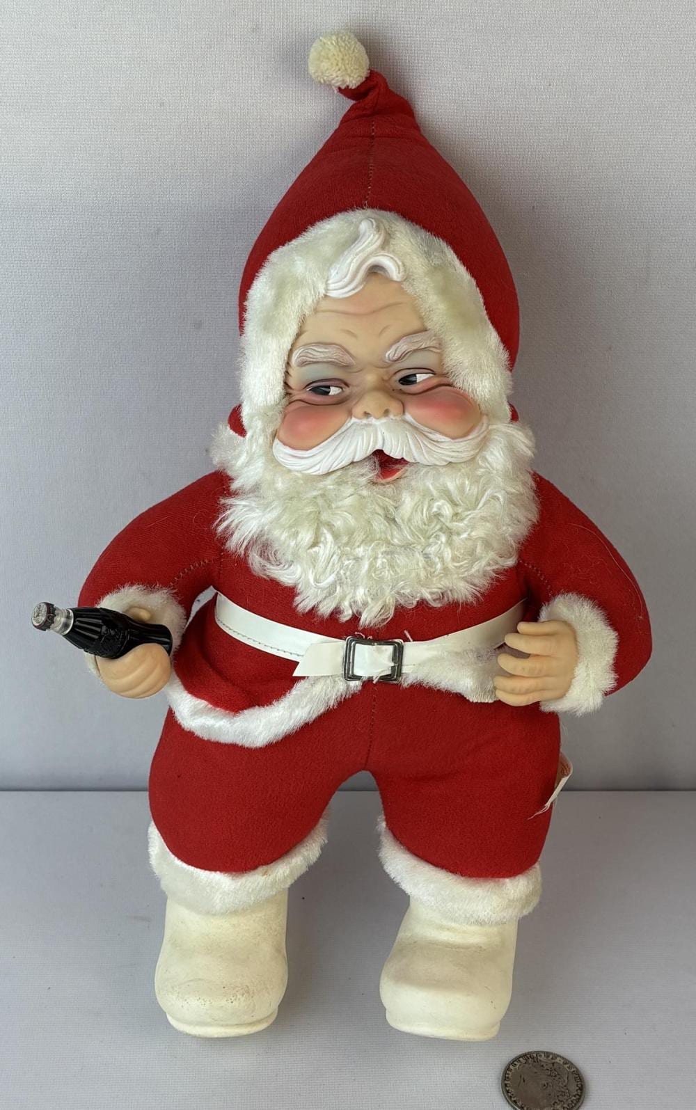 Vintage 1950's Rushton Rubber Face Santa w/ Coke Bottle, White Belt & Boots sold by One Source Auctions, lot 14 — auction record photograph