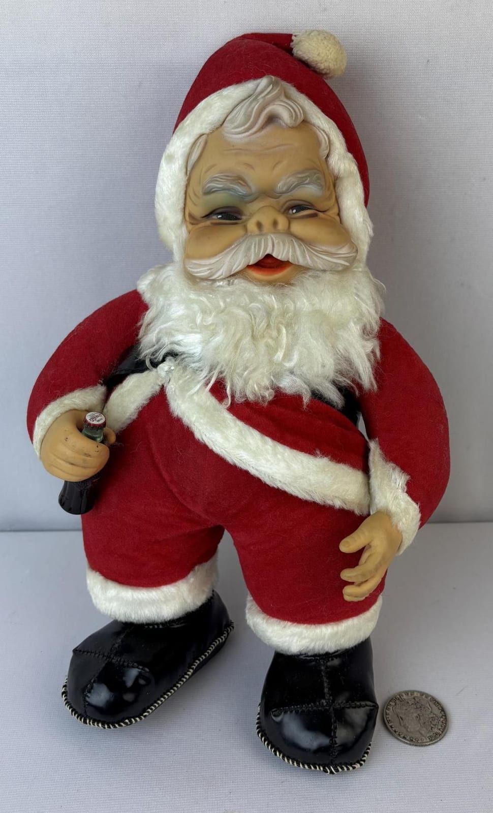 Vintage 1950's Rushton Rubber Face Santa w/ Coke Bottle & Black Boots sold by One Source Auctions, lot 61 — auction record photograph