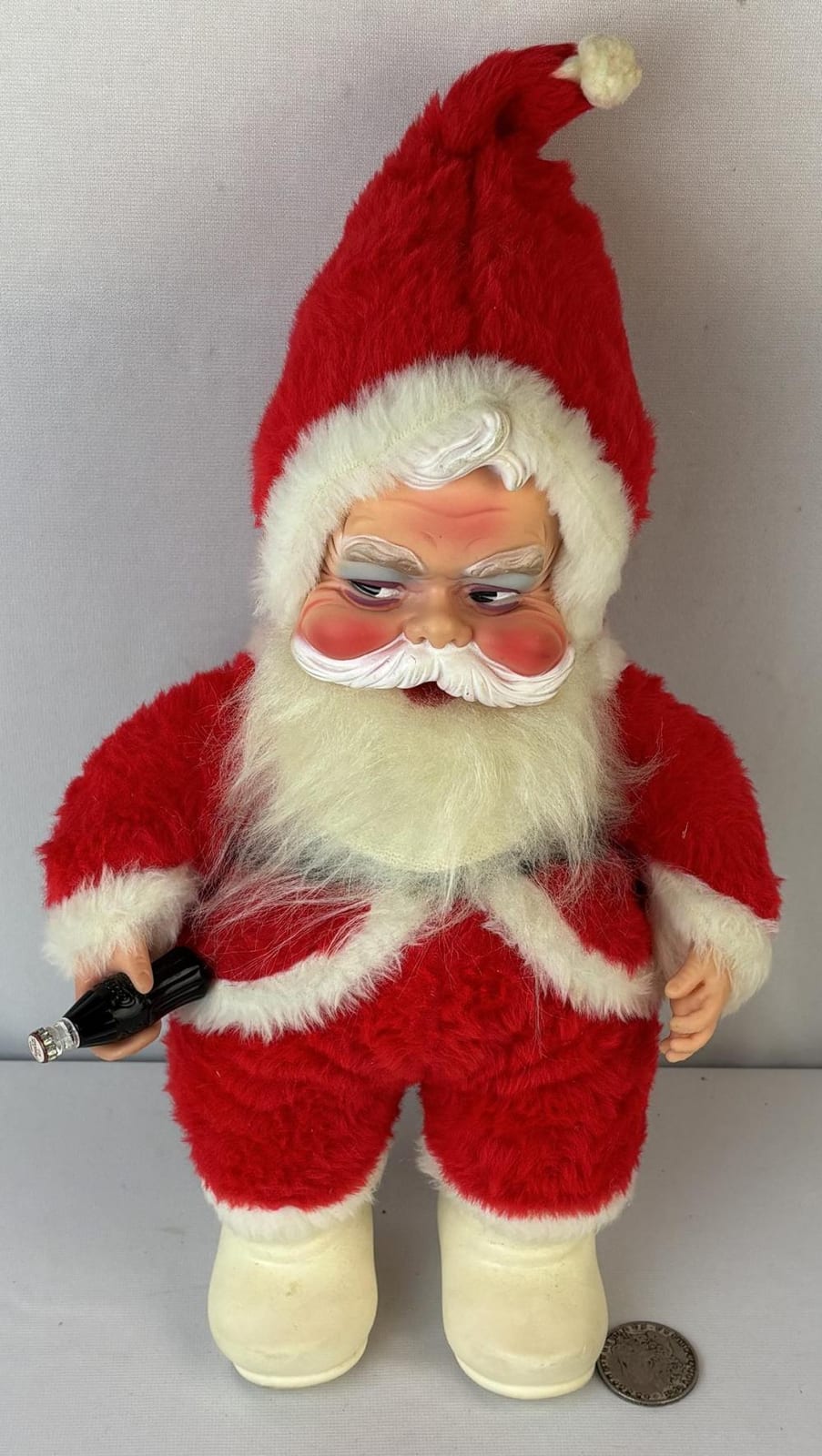 Vintage 1950's Rushton Rubber Face Santa w/ Coke Bottle, Black Belt & White Boots sold by One Source Auctions, lot 187 — auction record photograph