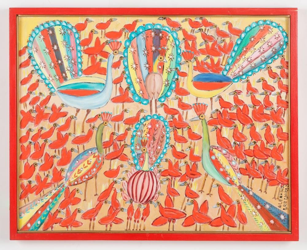alexandre gregoire haitian haiti peacocks red flock · Material Culture · 2025-10-22 Alexandre Gregoire comparable auction result: alexandre gregoire haitian haiti peacocks red flock