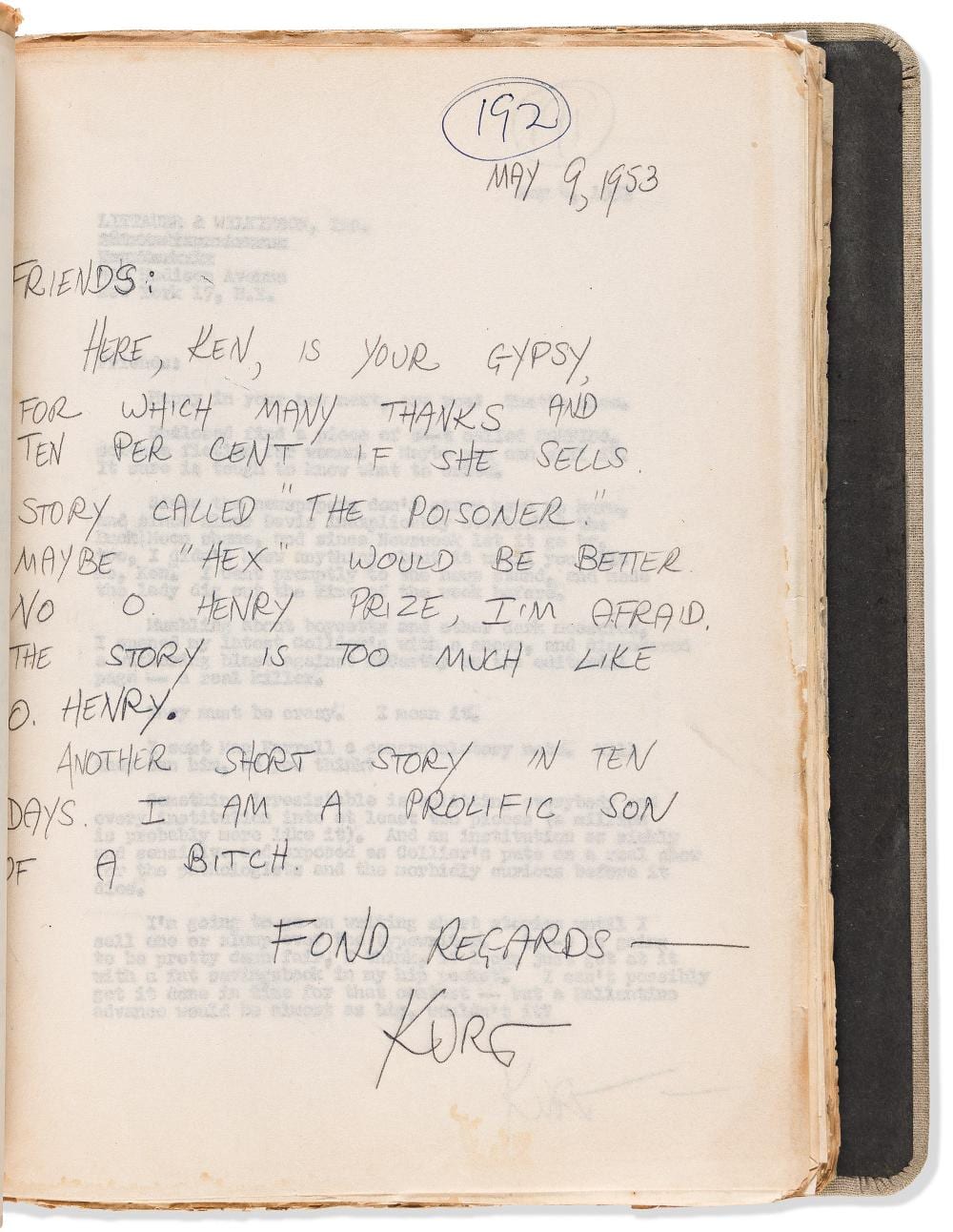 Kurt Vonnegut comparable auction result: kurt vonnegut jr author s album containing retained copies of letters january 1951 june 1956