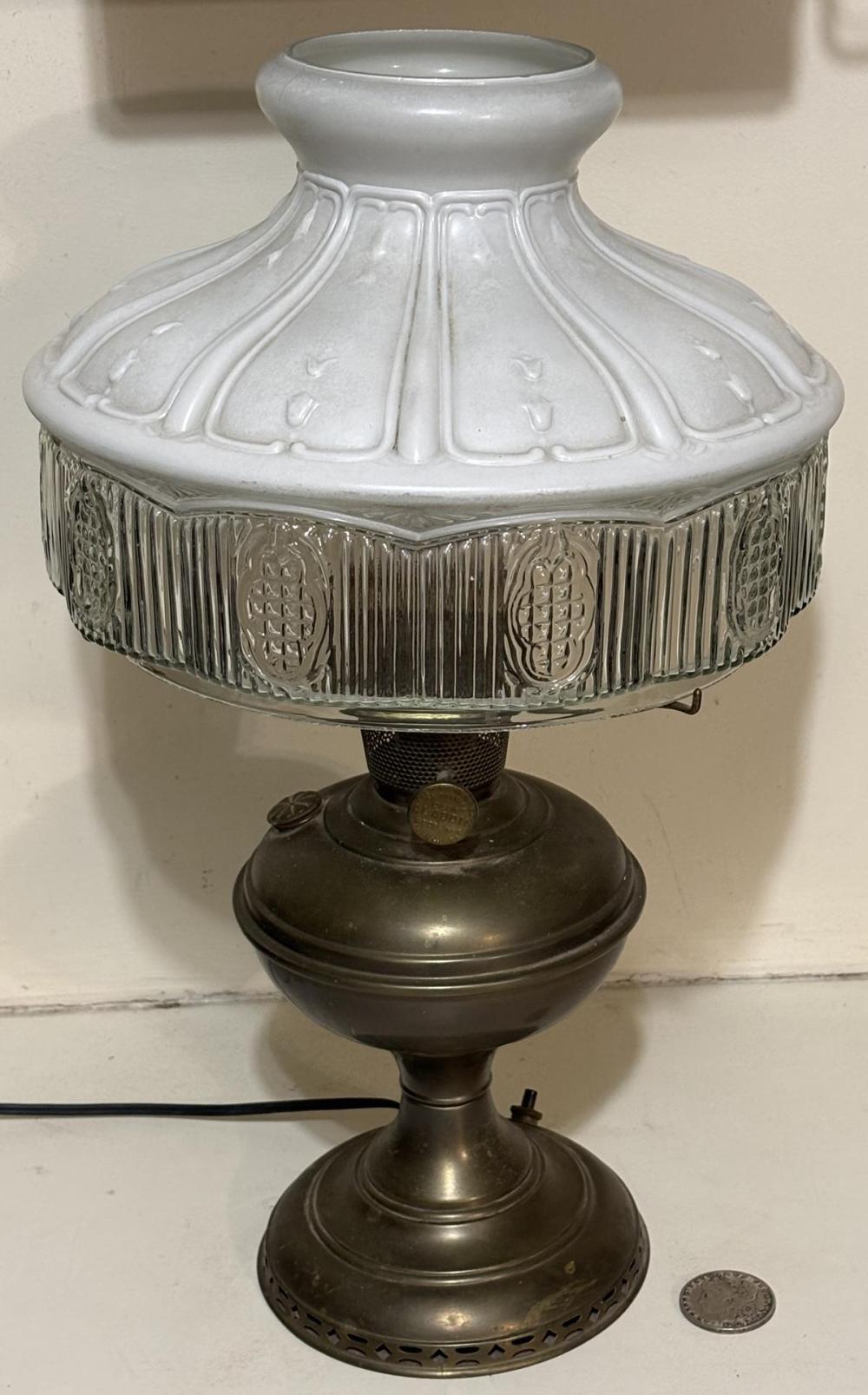 Antique 1915-1916 Aladdin Brass Model No.6 Electrified Kerosene Oil Table Lamp w/ Aladdin Style 501 Case Glass Shade WORKS sold by One Source Auctions, lot 148 — auction record photograph