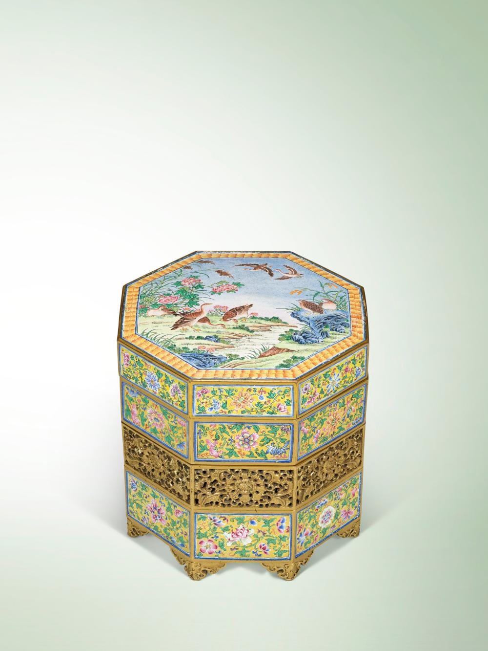 An Imperial Beijing Enamel 'GEESE AND QUAILS' TIERED INK STONE WARMER BOX A comparable sale
