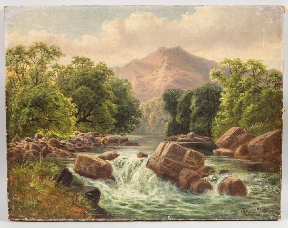 Cedric Gray comparable auction result: cedric gray aktiv 1880 1892 flusslandschaft mit wasserfall in den bergen a river landscape with waterfall in the mountains ende 19 jh