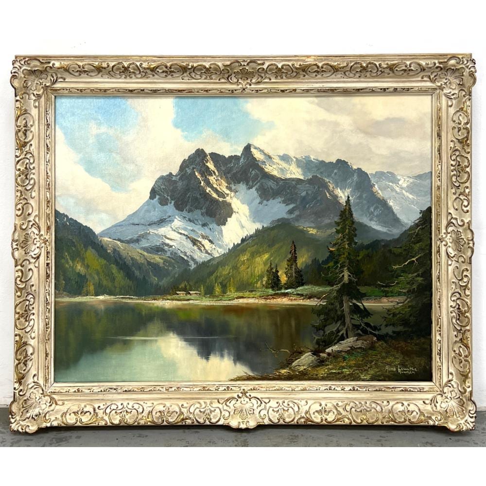 Arno Lemke comparable auction result: arno lemke original oil painting on canvas mountainous landscape featuring a serene lake reflecting