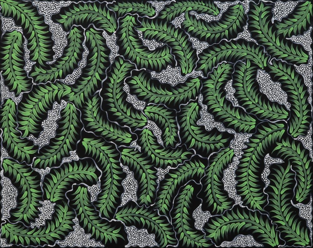 Leanne Nakamarra Oldfield comparable auction result: leanne nakamarra oldfield bush medicine leaves acrylic on canvas 75cm x 96cm