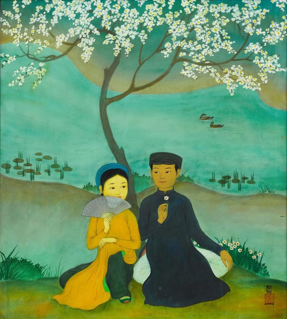 Mai Trung Thu 枚中栨 （梅忠恕） | Couple avec éventail sous un cerisier en fleur 櫻花樹下扇著扇子的情侶 comparable sale