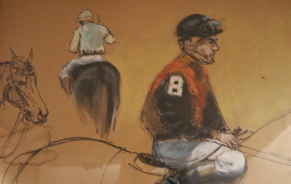 Charles Apt comparable auction result: charles apt american b 1933 jockeys on horses mixed media on paper signed framed not examined out of frame