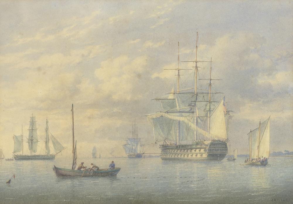William (1803) Joy comparable auction result: william joy british 1803 1867 and john cantiloe joy british 1806 1866 melville at spithead ships at anchor at sunset a pair