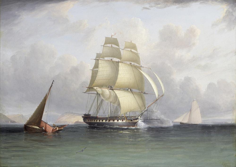 John Lynn comparable auction result: john lynn british fl 1826 1845 a large royal navy frigate leaving port and firing a salute to signal her departure