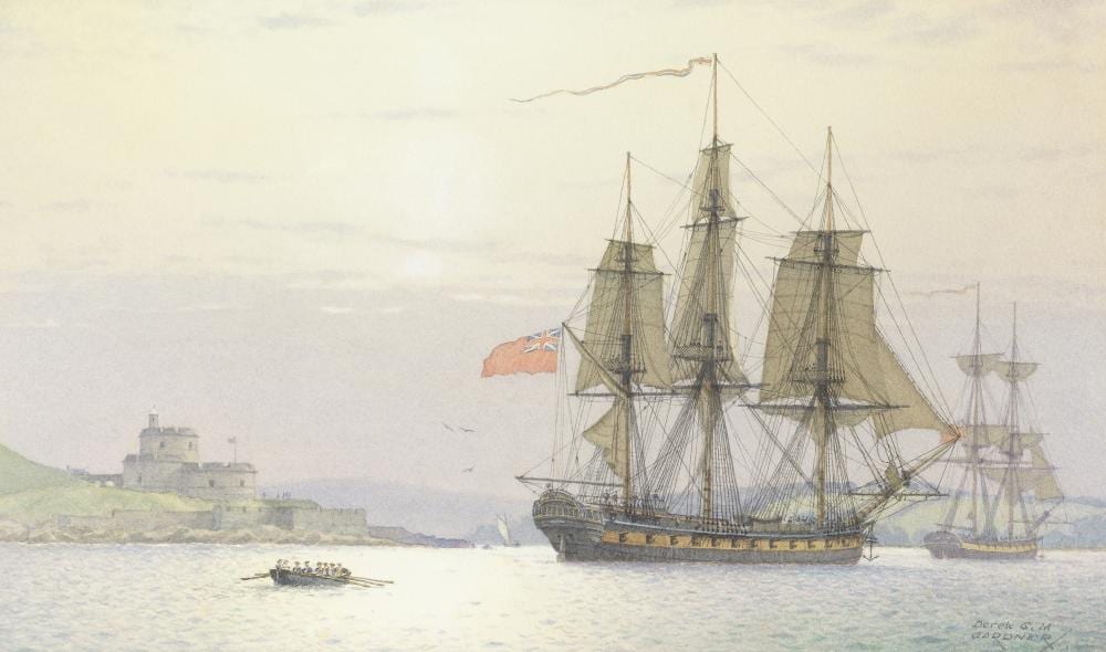 Derek George Montague Gardner comparable auction result: derek george montague gardner british 1914 2007 hms indefatigable off st mawes castle falmouth with the 16 gun brig fortune in the distance