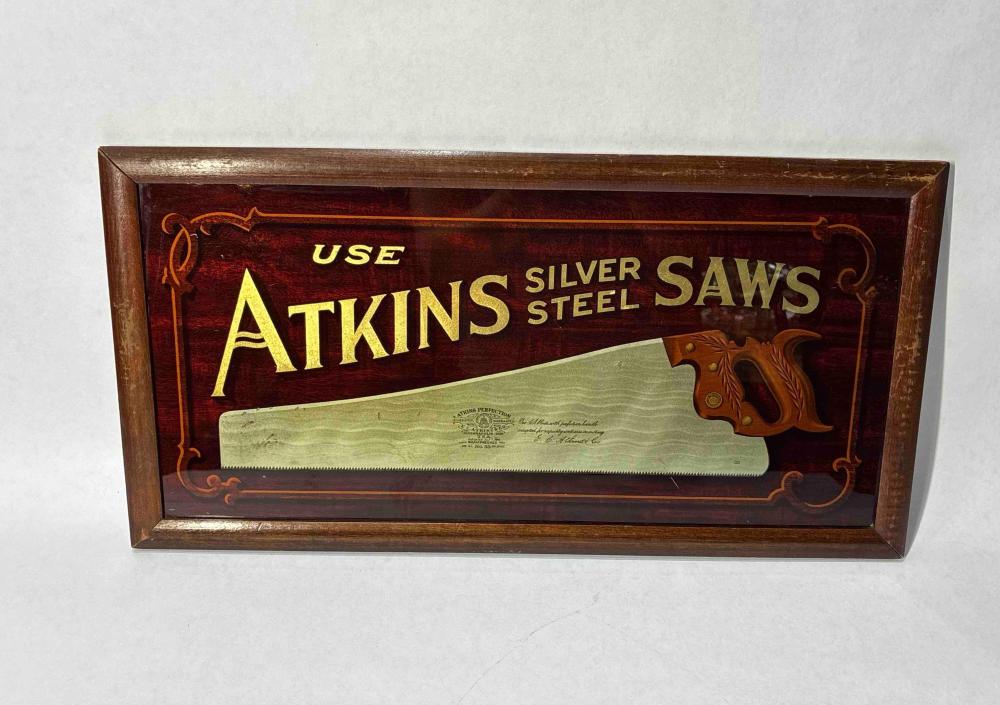 Atkins Silver Steel Saws reverse painted glass sign sold by Atlee Raber Auctioneer, lot 56 — auction record photograph