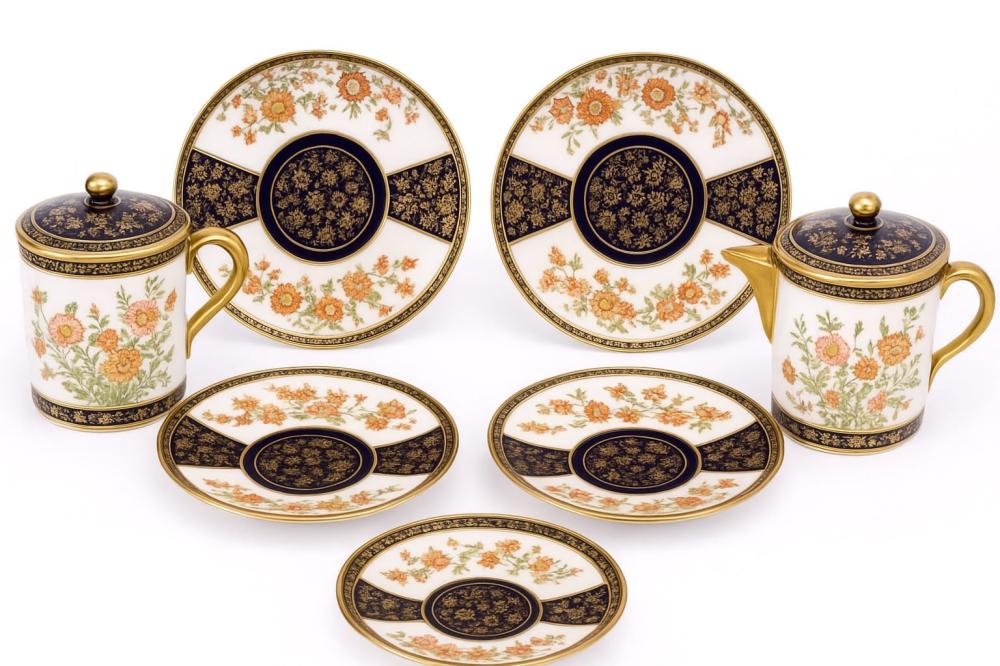 Auction comp thumbnail for A Japanese Satsuma porcelain tea set on royal blue ground, with all over finely hand painted floral and gilt decoration. Consisting of teapot, lidded sugar bowl and saucers. Signed to base. H 10cm D 11cm. (Christian McCann Auctions, Lot 244)
