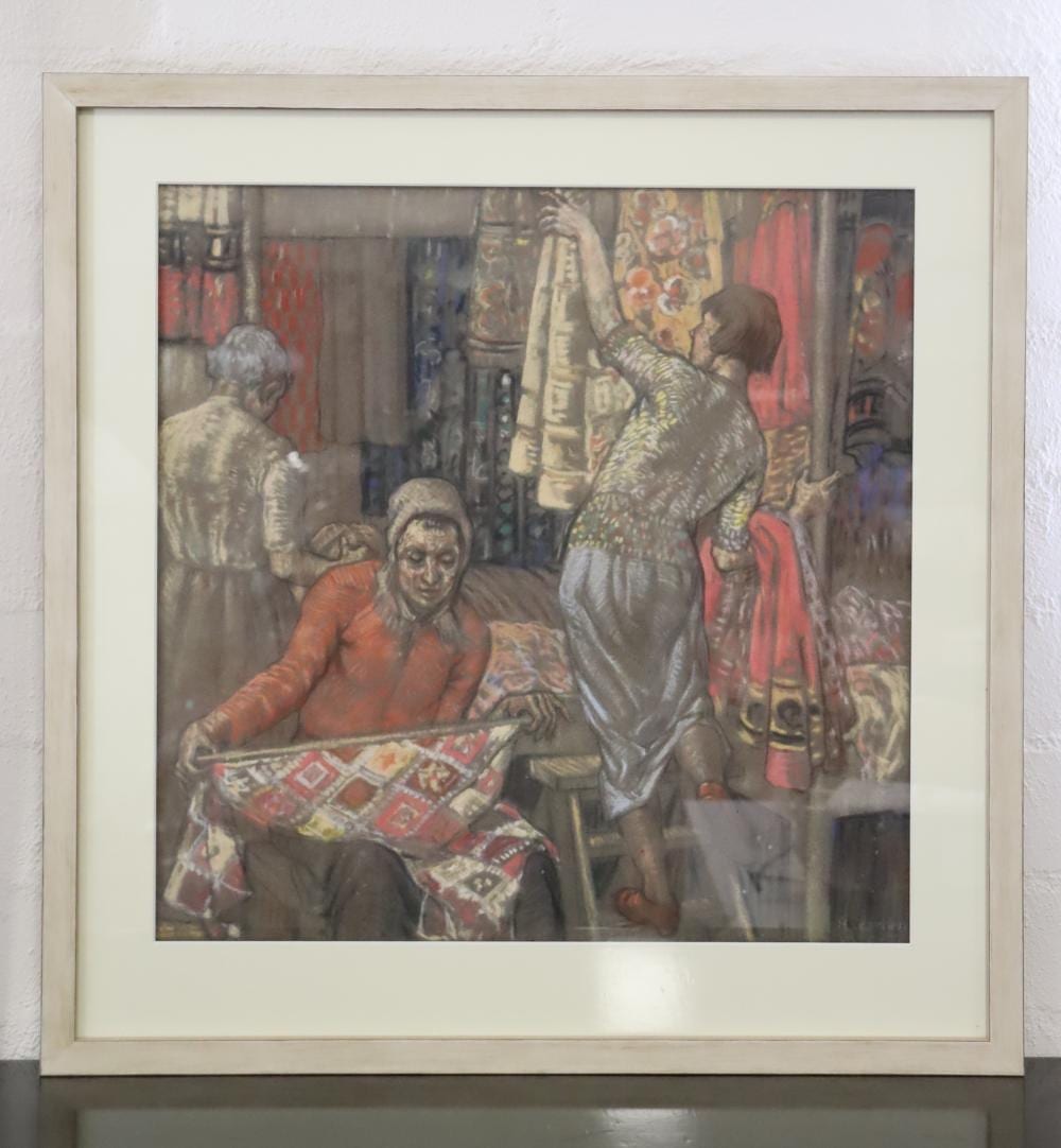 Harold Dearden comparable auction result: harold dearden 1883 1962 fent warehouse girls hanging stuffs pastel approx 45cm x 45cm