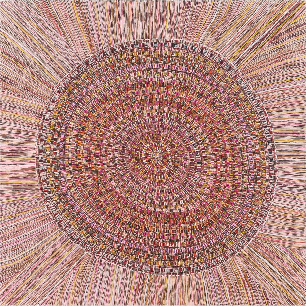regina pilawuk wilson born 1945 language group ngan gikurrunggurr sun mat 2014 synthetic polymer paint on belgian linen 98 x 98cm · Leonard Joel · 2025-10-21 Regina Wilson comparable auction result: regina pilawuk wilson born 1945 language group ngan gikurrunggurr sun mat 2014 synthetic polymer paint on belgian linen 98 x 98cm