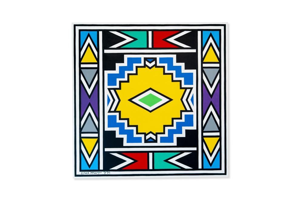 esther mahlangu b 1935 ndbele abstract acrylic on canvas59 x 59in 15 · Christie's · 2025-10-22 Esther Mahlangu comparable auction result: esther mahlangu b 1935 ndbele abstract acrylic on canvas59 x 59in 15