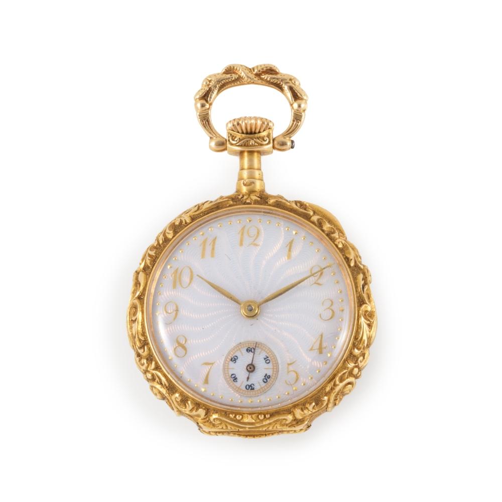 Omega. A fine 18K gold keyless wind open face pocket watch with enamelled dial made by 'lost wax' casting technique and fine engravings Omega. Belle montre de gousset à cadran ouvert en or jaune 18K (750) avec cadran émaillé fait en... sold by Bonhams, lot 77 — auction record photograph