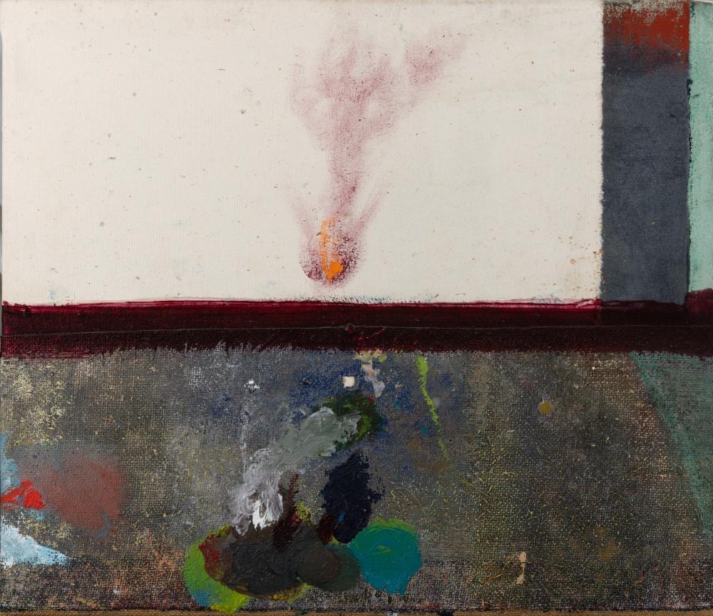 Merlin James comparable auction result: merlin james b 1960 a fire acrylic on canvas 42 x 49cm signed inscribed and dated 20 04 08 verso provenance with kerlin gallery dublin label verso