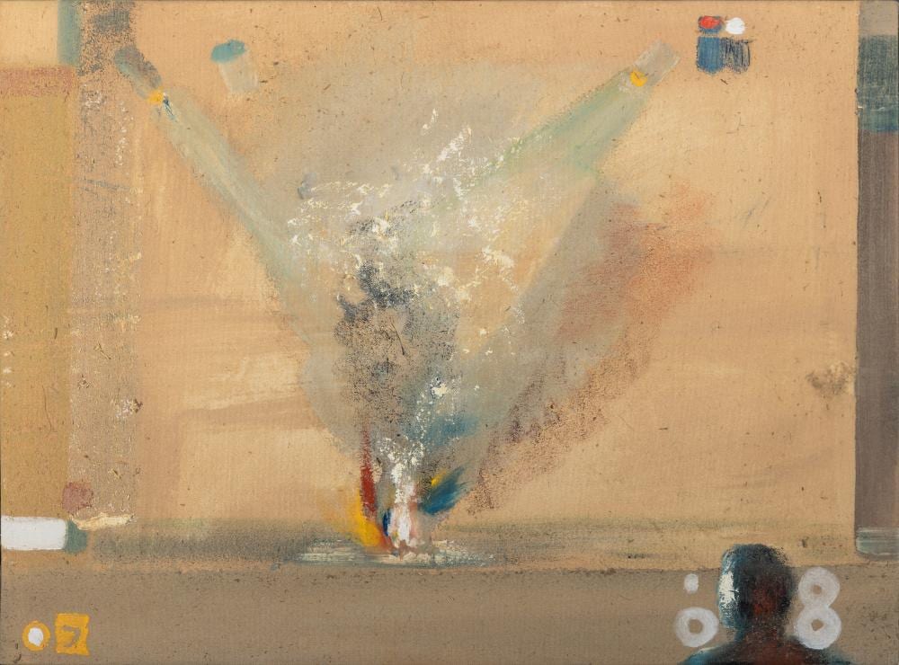 Merlin James comparable auction result: merlin james b 1960 fire on stage viewer acrylic on canvas 43 2 x 58 4cm signed inscribed and dated 20 08 verso provenance with kerlin gallery dublin label verso