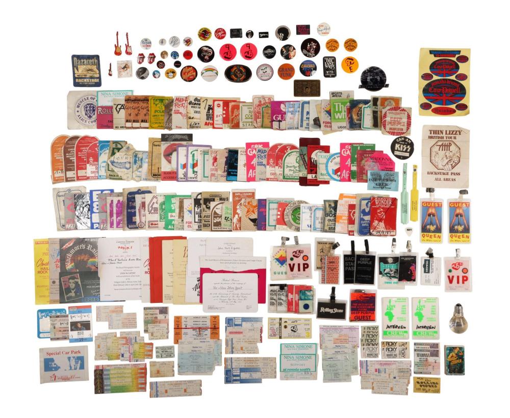 VARIOUS ARTISTS - Extensive Collection of Backstage Passes, Ticket Stubs, Badges and Concert Ephemera sold by Propstore London, lot 420 — auction record photograph