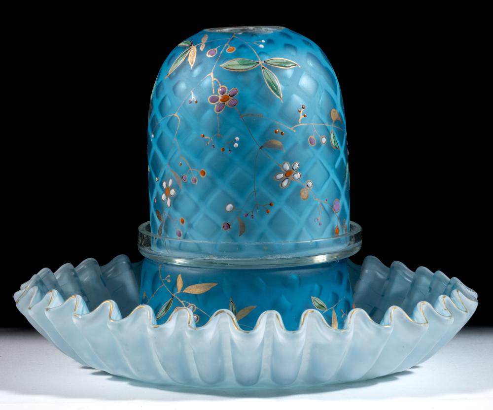 VICTORIAN DECORATED DIAMOND QUILT AIR-TRAP MOTHER-OF-PEARL SATIN GLASS FAIRY LAMP sold by Jeffrey S. Evans & Associates, lot 49 — auction record photograph