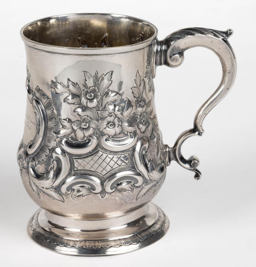John King comparable auction result: john king english georgian repousse sterling silver presentation mug from duchess of orleans to captain ford