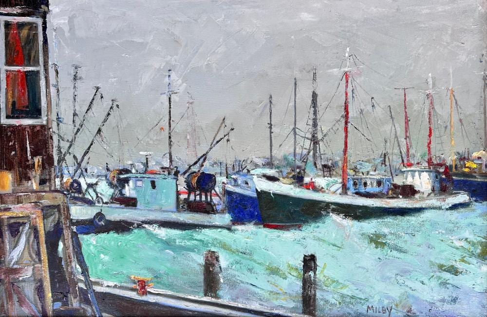 Frank Milby comparable auction result: frank milby 1933 2023 safe harbor oil on canvas 20 x 30 25 x 35 framed