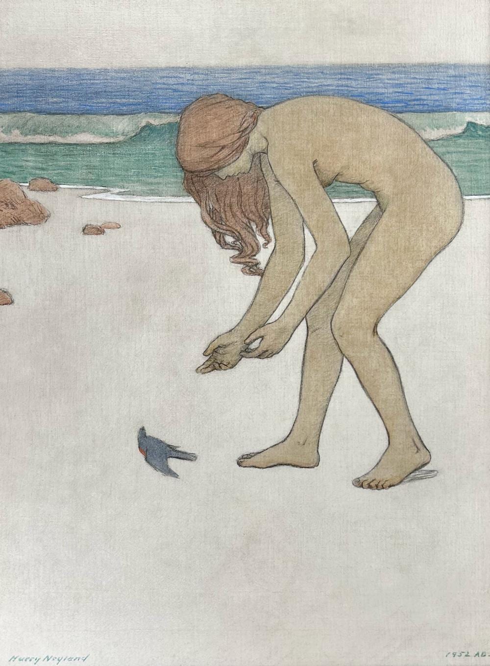 Harry Neyland comparable auction result: harry neyland 1877 1958 figure and bird 1952 graphite and oil on panel 24 x 18 29 1 2 x 23 1 2 framed