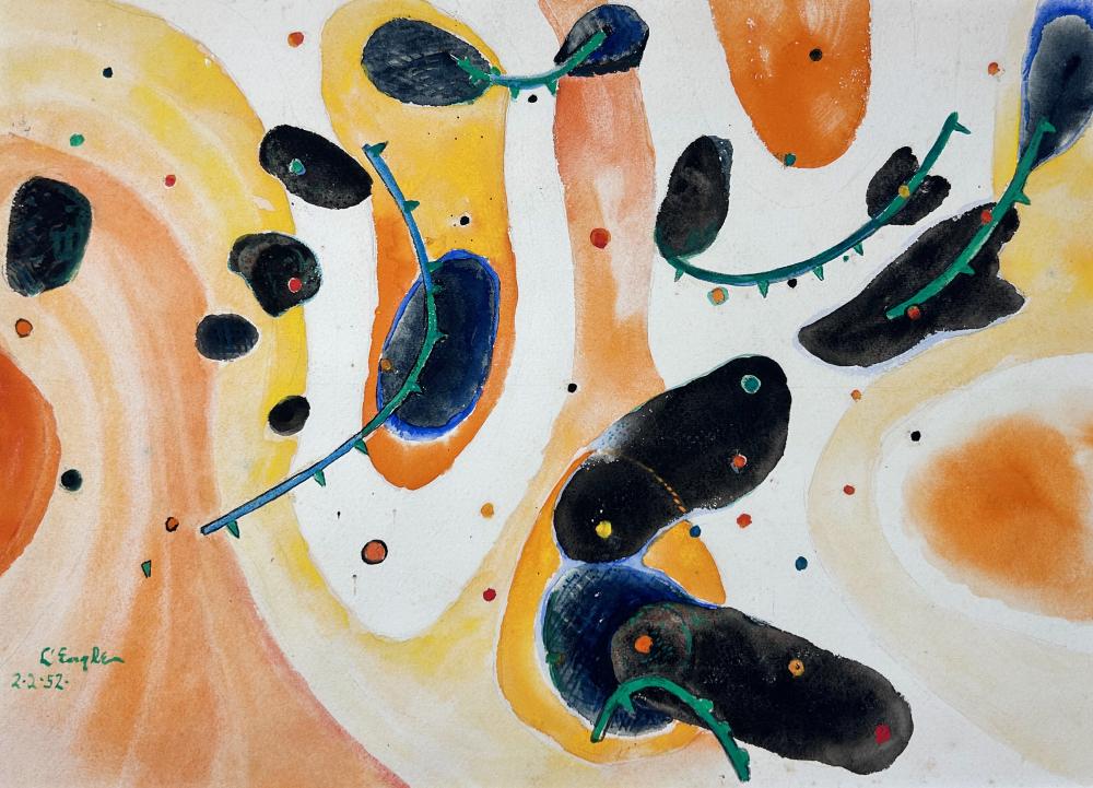 william l engle 1884 1957 untitled abstract 1952 watercolor 13 1 2 x 18 3 4 sight 20 x 25 framed · Bakker Auctions · 2025-10-18 William L'Engle comparable auction result: william l engle 1884 1957 untitled abstract 1952 watercolor 13 1 2 x 18 3 4 sight 20 x 25 framed