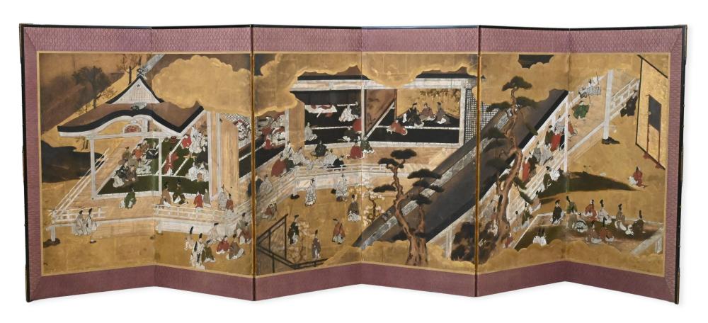 Auction comp thumbnail for Japanese Tosa School Six-Panel Folding Screen (Momoyama to Early Edo Period) A six-panel folding screen (byobu) painted in mineral pigments and ink with gold leaf grounds, depicting a continuous courtly narrative in t... (Nadeau's Auction Gallery, Lot 50)