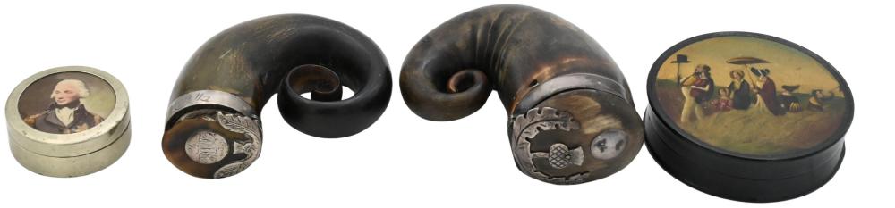 Four Snuff Boxes to include two silver enameled rams horn, one inscribed "Robt. Mack", Scottish early 1800's, along with one silver plate depicting Washington, and one painted wooden lacquer box. largest 4" Provenance... sold by Nadeau's Auction Gallery, lot 156 — auction record photograph