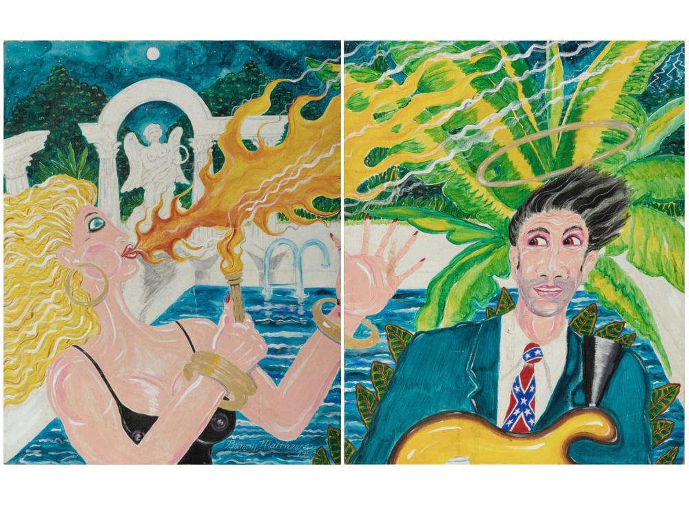 Bunny Matthews comparable auction result: bunny matthews american louisiana b 1951 trying to attract his attention oil on canvas diptych