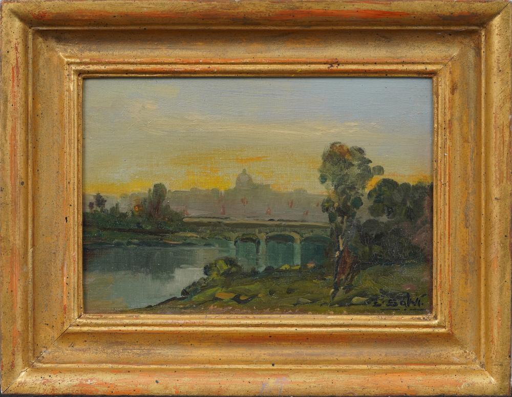 Antique Italian Impressionist Signed Sunset River Cityscape Nicely Framed Original Oil Painting sold by Curated Gallery Auctions, lot 375 — auction record photograph