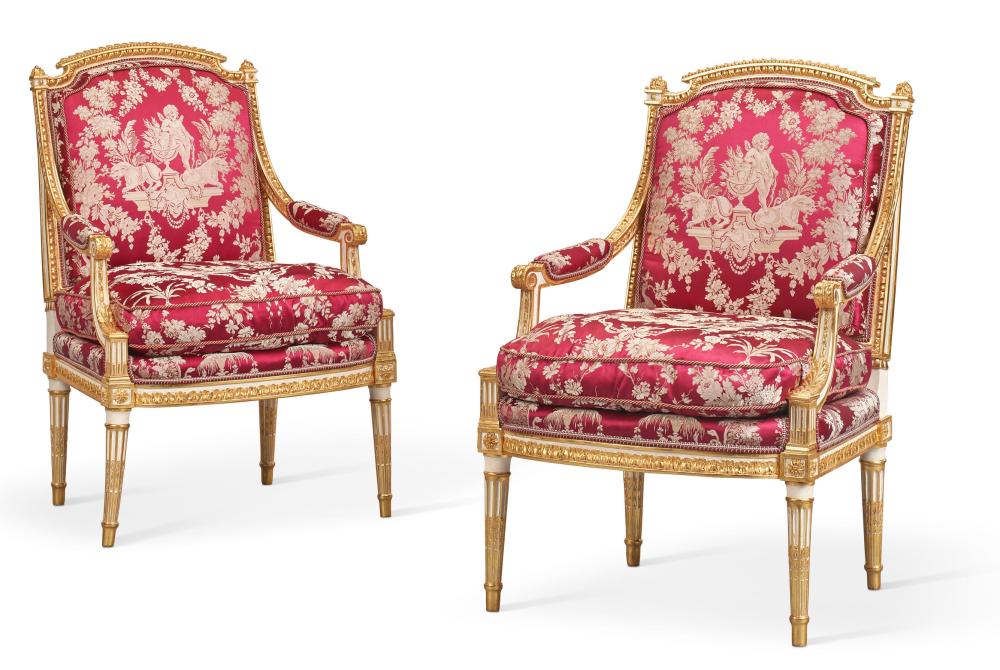Jacobus Adrianus Vrolijk comparable auction result: a pair of louis xvi white painted and parcel gilt walnut fauteuils by adri