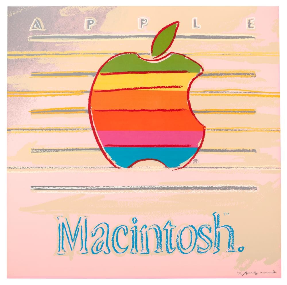 Pop art print of a green apple with red outline over pastel horizontal stripes and text reading “Macintosh.”